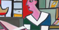imagen generada con DALL·E Picasso-style painting of a school nurse studying in a library